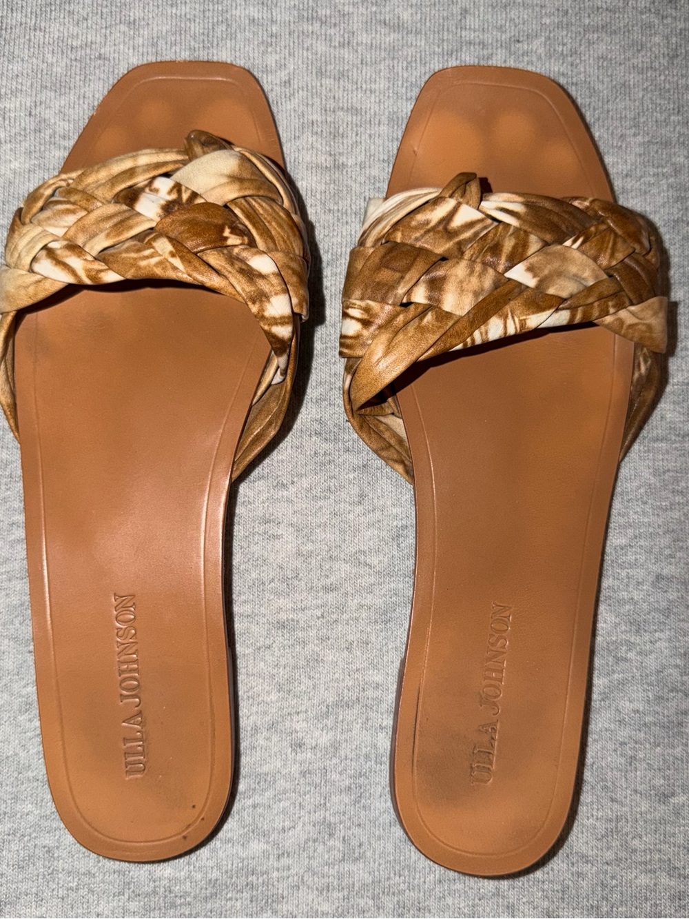 Ulla Johnson Tan Braided Slide Sandals with Patterned Straps